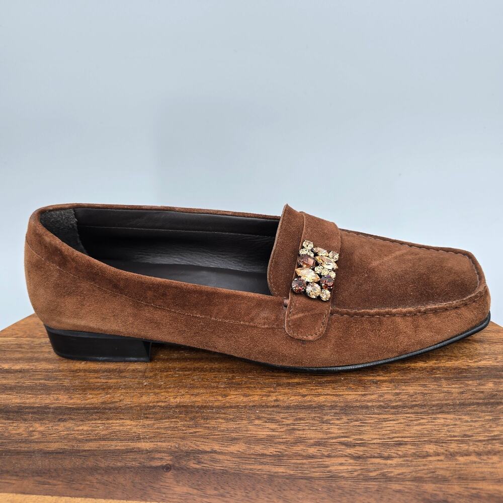 Stuart Weitzman Shoes Womens 8.5 M Brown Suede Leather Rhinestones Loafers Flats